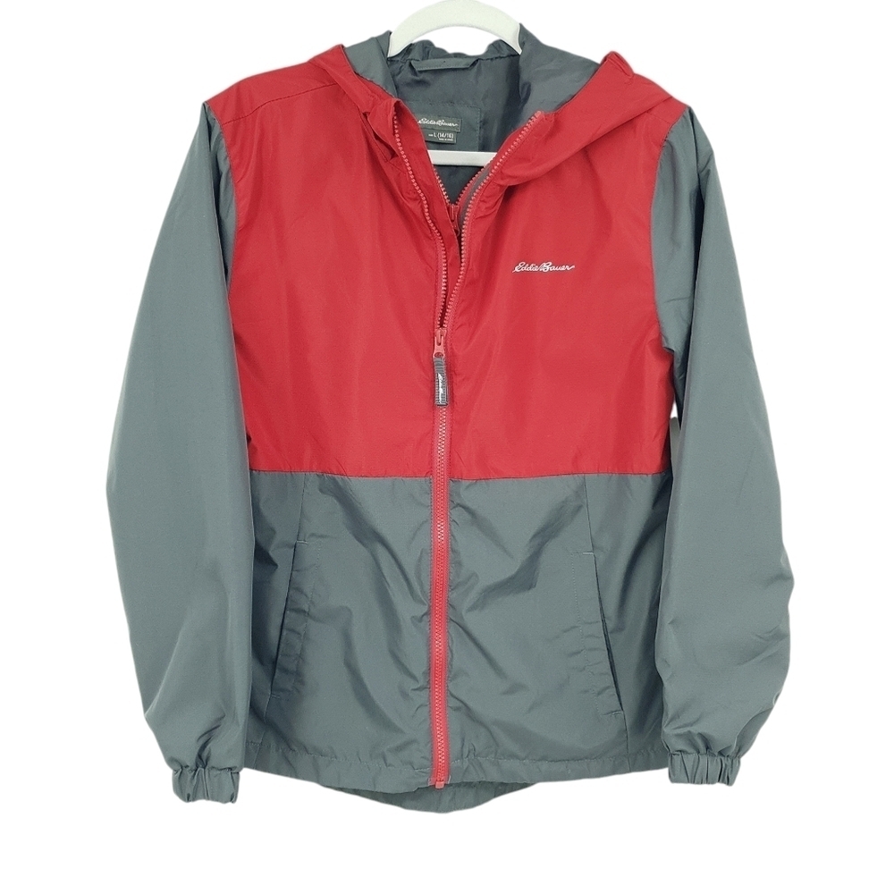 Eddie Bauer‎ Big Kids Large 14/16 Red Grey Windbreaker Jacket Hooded Lightweight